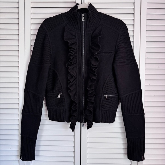 Diane von Furstenberg Wool Mock Neck Cardigan Sweater Chunky Moto Black Medium - Picture 2 of 11